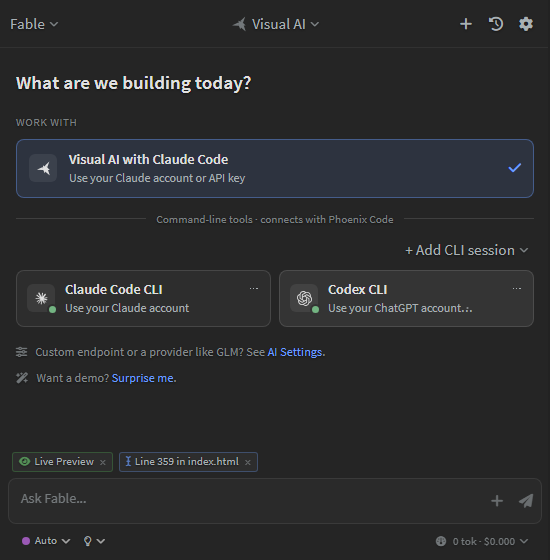 Phoenix Code AI home with Claude Code CLI and Codex CLI account options