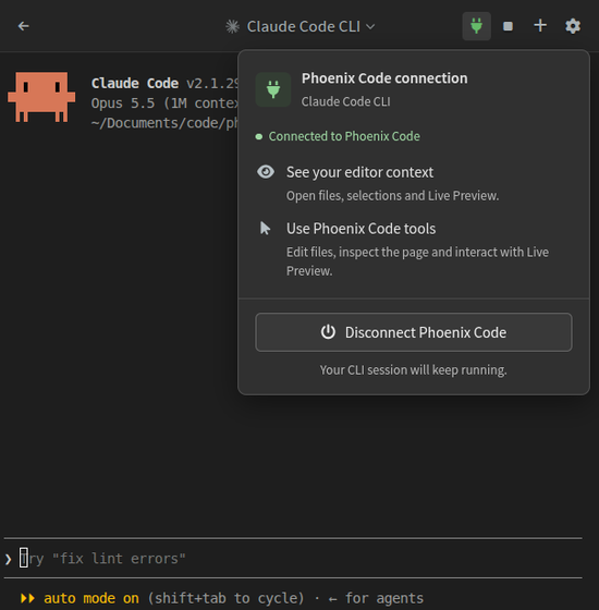 Claude Code CLI connected to Phoenix, showing editor context and Live Preview capabilities