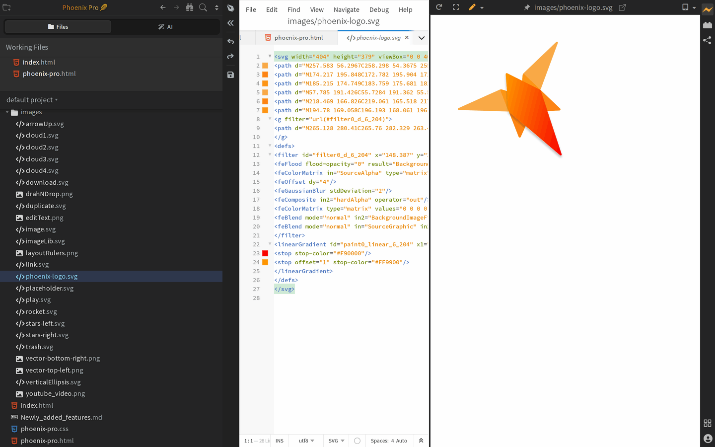 Phoenix Code SVG editor with live preview showing SVG source code beside the rendered image